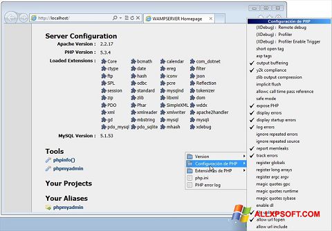 Снимка на екрана WampServer за Windows XP