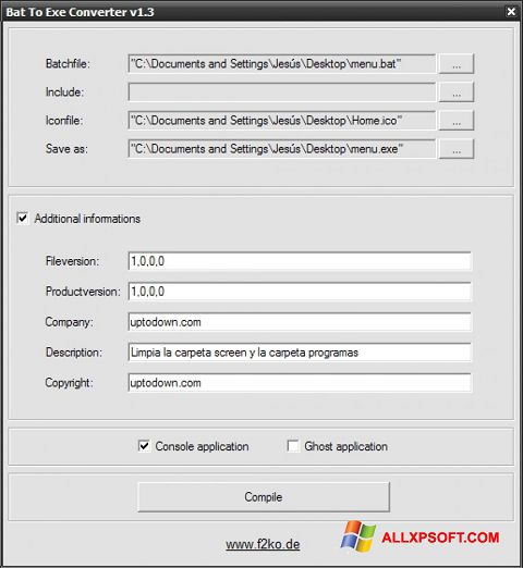 Снимка на екрана Bat To Exe Converter за Windows XP