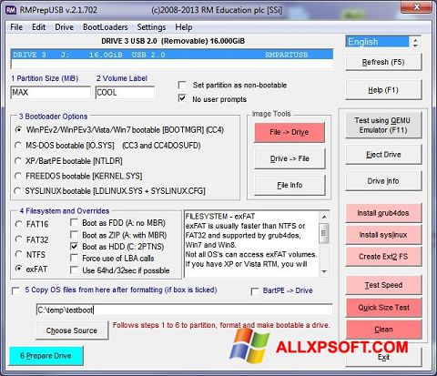Снимка на екрана RMPrepUSB за Windows XP
