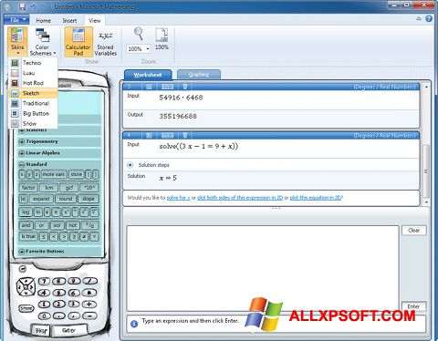 Снимка на екрана Microsoft Mathematics за Windows XP