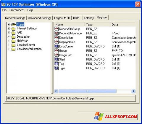 Снимка на екрана TCP Optimizer за Windows XP